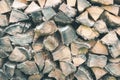 Old Wooden pile prepared for winter. Fuel for countryside fireplace. Forest timber energy concept, Texture woodpile Royalty Free Stock Photo