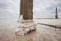 Old wooden pile on saline (salt lake) Baskunchak landscape.