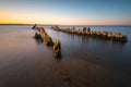 Old wooden piles on the beach.