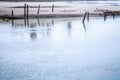 Old wooden piles of old ruined pier out of the water Royalty Free Stock Photo