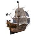 Old wooden pirate ship in full sail viewed from behind the stern. Isolated 3D rendering
