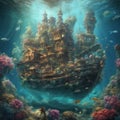 Old wooden pirate ship navigating underwater