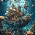 Old wooden pirate ship navigating underwater