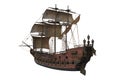 Old wooden pirate ship seen from rear perspective. 3D rendering isolated on white background with clipping path Royalty Free Stock Photo