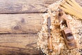 Old wooden planer with sawdust