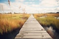 old wooden plank boardwalk in a marshland