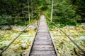 Old wooden plank bridge across beautiful river. Overcoming an obstacle concept. Royalty Free Stock Photo