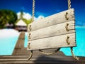 Old wooden plank tied with rope on holiday resort background. 3D illustration