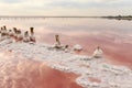 Old wooden posts left after mining salt on the shore of a salt lake. Bars in salt on a salty pink lake with bright pink water. Ref