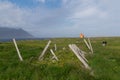 Old wooden posts in a field with an orange lighthouse in the background in Iceland