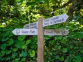 Old wooden public footpath, ferry and Dartmouth Castle sign , Devon, United Kingdom, May 24, 2018