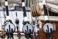 Old wooden pulley on a sailing boat Royalty Free Stock Photo