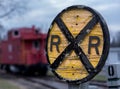 Old wooden railroad RR sign with caboose Royalty Free Stock Photo