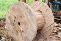 An old wooden reel or cable reel made of wood Royalty Free Stock Photo