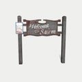 Old wooden road sign isolated on white welcome to salem horror withes death 3d-illustration 3d-rendering