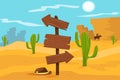 Old wooden road sign standing on desert landscape background vector Illustration, cartoon style Royalty Free Stock Photo