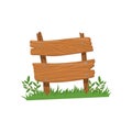 Old wooden road sign standing on the grass, wood old planks sign cartoon vector Illustration