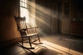 An old wooden rocking chair in a dusty vintage room with light beams created with generative AI technology