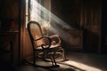 An old wooden rocking chair in a dusty vintage room with light beams created with generative AI technology