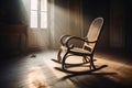 An old wooden rocking chair in a dusty vintage room with light beams created with generative AI technology