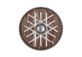 Old wooden round shield decorated with norse symbol of web of wyrd also known as the nore matrix of fate isolated on white Royalty Free Stock Photo