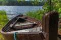 Old wooden rowing boat on the shore of the Saimaa lake in Finland - 7 Royalty Free Stock Photo