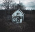 Old wooden ruined barn surrounded by bare trees in a field on a gloomy day