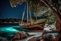 An old wooden sailboat being hauled up onto the shores of a secluded island beach. Rustic boat against a backdrop of turquoise