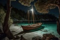 An old wooden sailboat being hauled up onto the shores of a secluded island beach. Rustic boat against a backdrop of turquoise