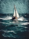 An old wooden sailboat carving through the swell.. AI generation