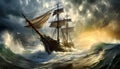 Old Wooden Sailing Ship Braving the Waves of a Wild Stormy Sea - Generative Ai