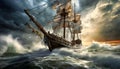 Old Wooden Sailing Ship Braving the Waves of a Wild Stormy Sea - Generative Ai