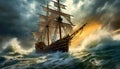 Old Wooden Sailing Ship Braving the Waves of a Wild Stormy Sea - Generative Ai