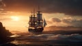 Old wooden sailing ship or pirate ship set sail to the wild ocean with big wave and cloudy sky evening sunset Royalty Free Stock Photo