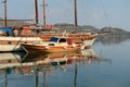 Old wooden sailing ship in the sea bay