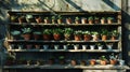 Old wooden shelves painted black with pots of green plants. Gardening concept for storage. Generative AI Royalty Free Stock Photo