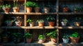 Old wooden shelves painted black with pots of green plants. Gardening concept for storage. Generative AI Royalty Free Stock Photo