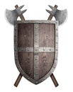 Old wooden shield and two crossed battle axes isolated