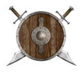 Old wooden shield and two crossed sabers isolated Royalty Free Stock Photo