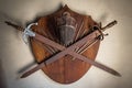 Old wooden shield with two rusty swords and a fencing helmet Royalty Free Stock Photo