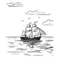 An old wooden ship sails on the sea. Hand drawn sketch. Vintage style. Black and white vector illustration isolated on white Royalty Free Stock Photo