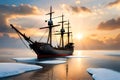 Old Wooden Ship At Sea Pirate Ship Oceanfaring Vessel