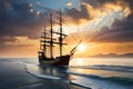 Old Wooden Ship At Sea Pirate Ship Oceanfaring Vessel