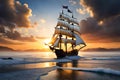 Old Wooden Ship At Sea Pirate Ship Oceanfaring Vessel