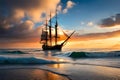 Old Wooden Ship At Sea Pirate Ship Oceanfaring Vessel