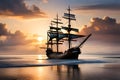 Old Wooden Ship At Sea Pirate Ship Oceanfaring Vessel