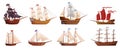 Old wooden ships. Cartoon sailing ship, wind sail boat pirate frigate warship longboat simple schooner nave, traditional Royalty Free Stock Photo