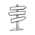 Old wooden signpost with arrows monochrome color outline sketch style. Royalty Free Stock Photo