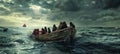 Old wooden single motor boat vessel overloaded with African refugees people chasing by Coast Guard boat in open sea near Africa. Royalty Free Stock Photo