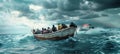 Old wooden single motor boat vessel overloaded with African refugees people chasing by Coast Guard boat in open sea near Africa. Royalty Free Stock Photo